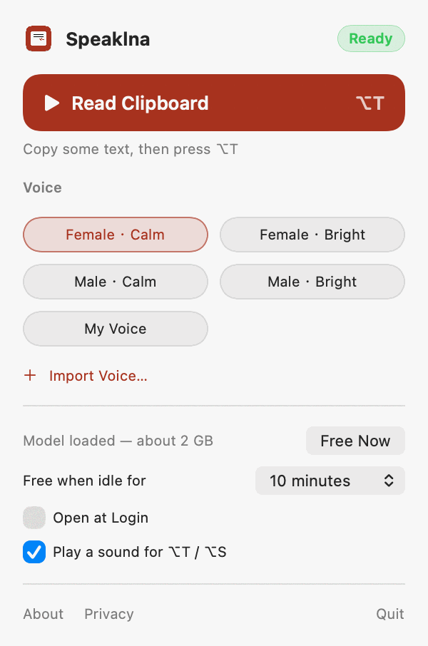The Speaklna panel: a large Read Clipboard button with the ⌥T shortcut, four voices, an imported voice, and memory settings.